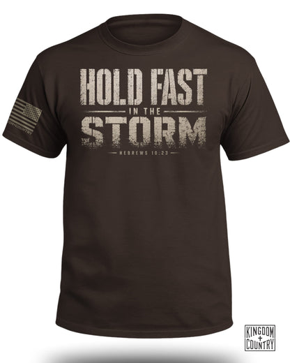 Brown t-shirt with "HOLD FAST IN THE STORM HEBREWS 10:23" text and a US flag patch.