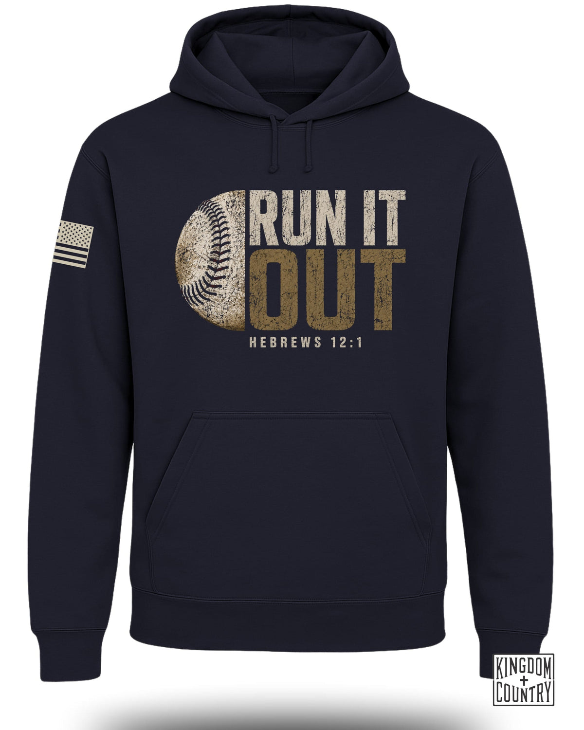 Navy hoodie with baseball graphic and text "RUN IT OUT HEBREWS 12:1".