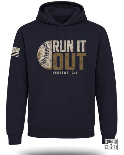 Navy hoodie with baseball graphic and text "RUN IT OUT HEBREWS 12:1".