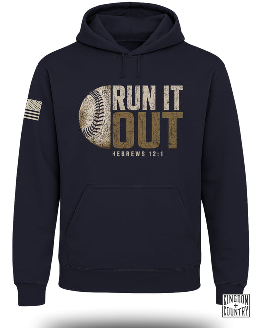 Navy hoodie with baseball graphic and text "RUN IT OUT HEBREWS 12:1".
