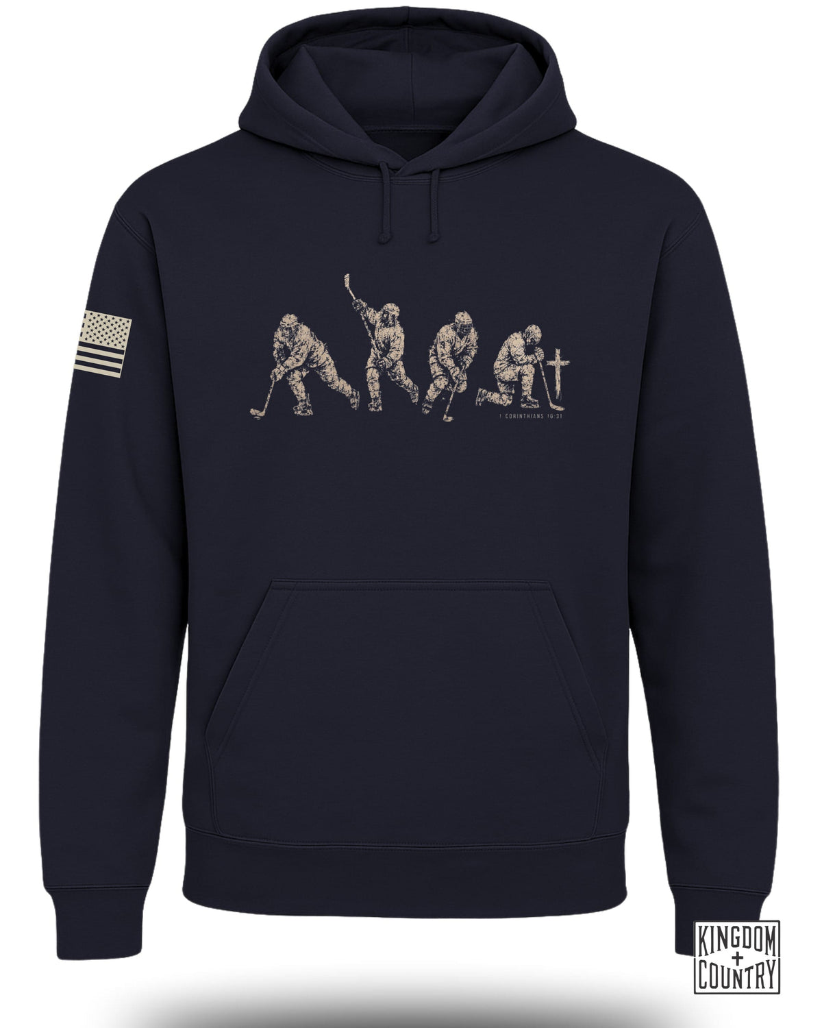 Navy hoodie with vintage hockey player graphic and 1 Corinthians 10:31.