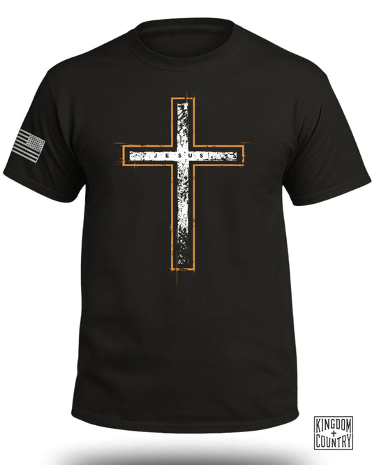 Black T-Shirt with Cross and American Flag Design