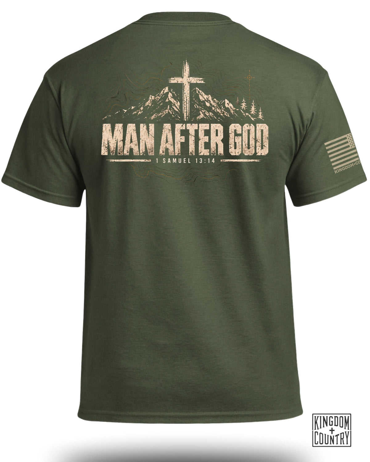 Green t-shirt with "MAN AFTER GOD 1 SAMUEL 13:14" and mountain graphic.