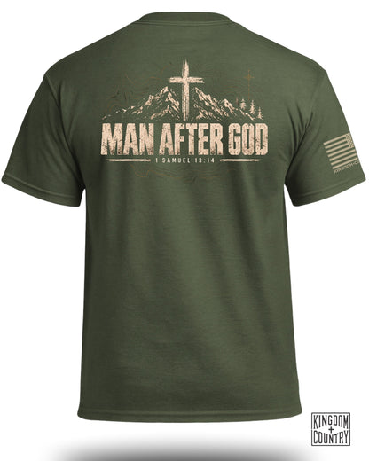 Green t-shirt with "MAN AFTER GOD 1 SAMUEL 13:14" and mountain graphic.