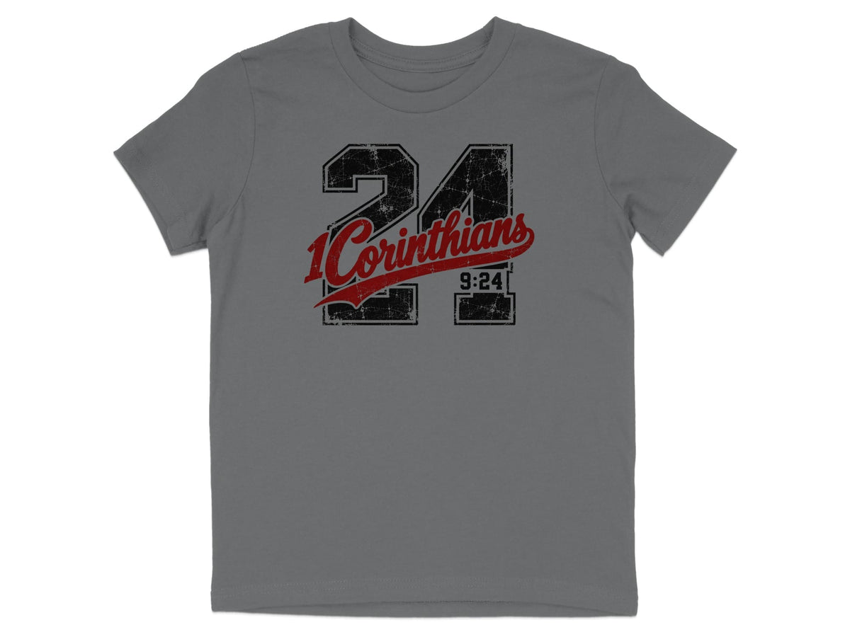 Grey t-shirt with distressed graphic of "24" and "1 Corinthians 9:24".
