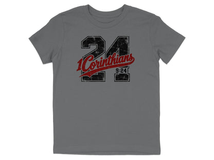 Grey t-shirt with distressed graphic of "24" and "1 Corinthians 9:24".