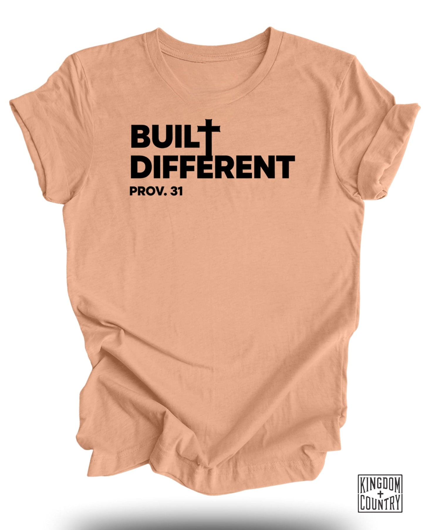Peach t-shirt with "BUILT DIFFERENT" and "PROV. 31" text.