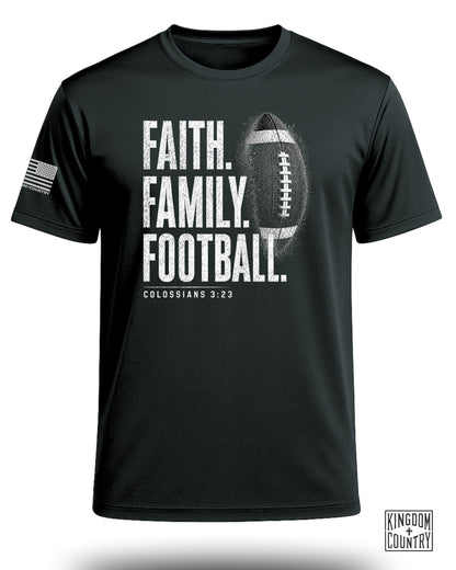 Black t-shirt with "FAITH. FAMILY. FOOTBALL." and Colossians 3:23.