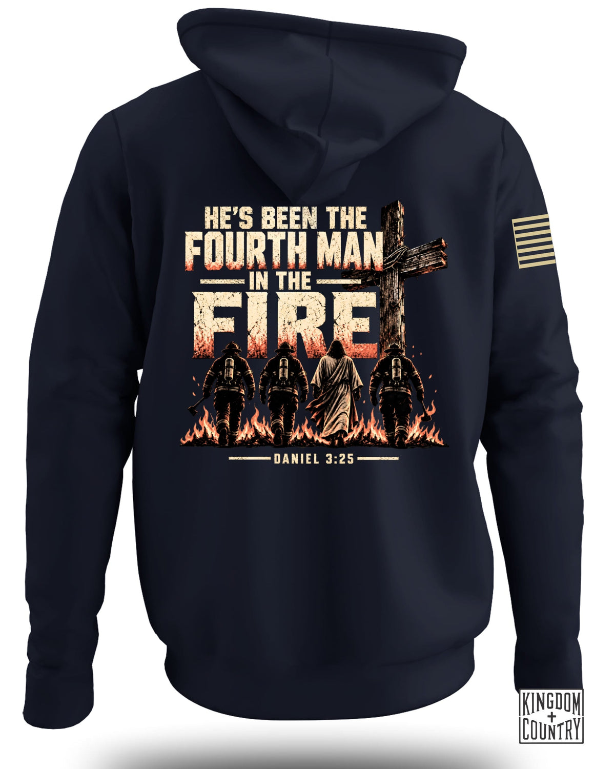 Hoodie back print: Jesus and three firefighters walk through fire with text "Fourth Man".