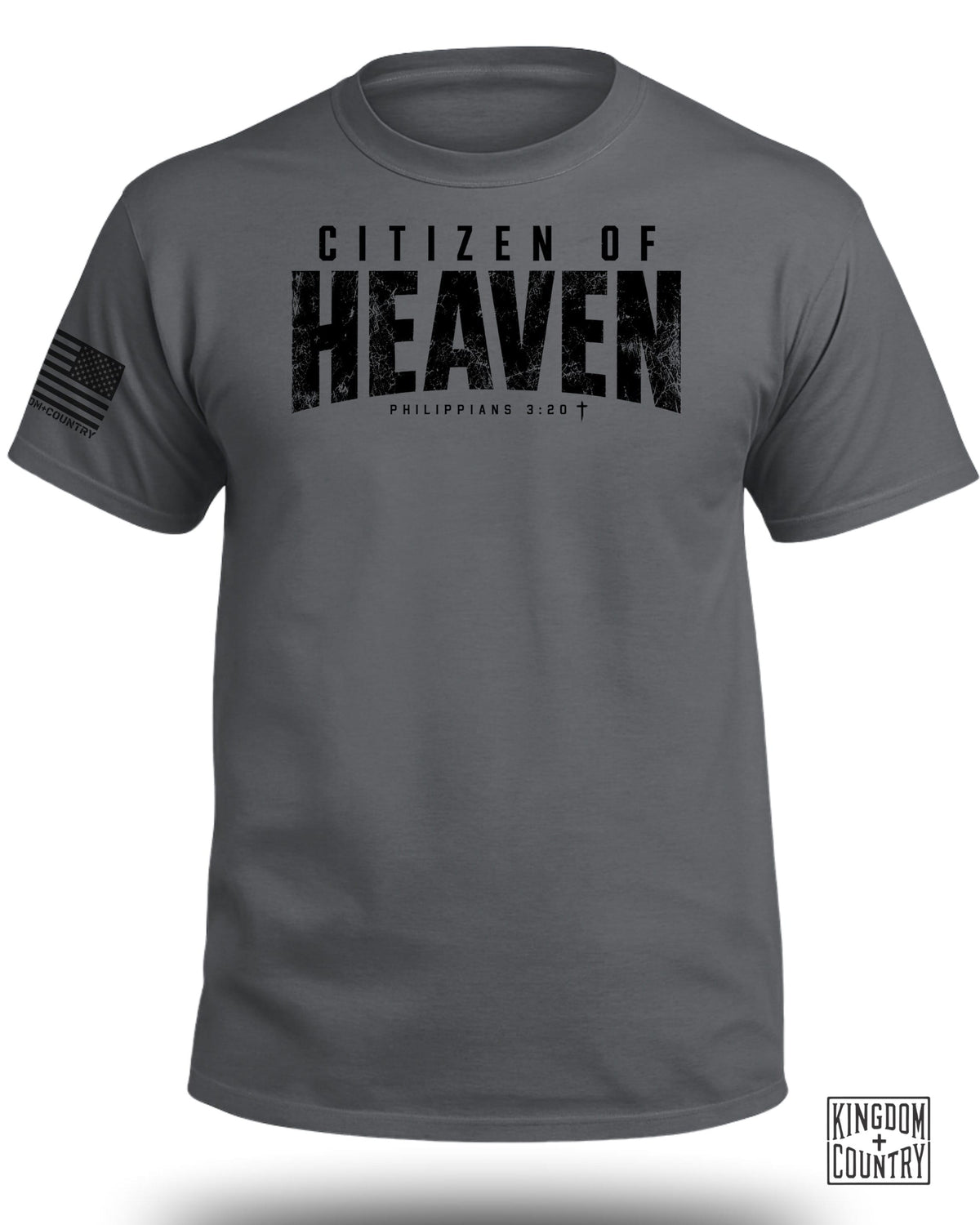 Gray t-shirt with "CITIZEN OF HEAVEN" and Philippians 3:20 text.