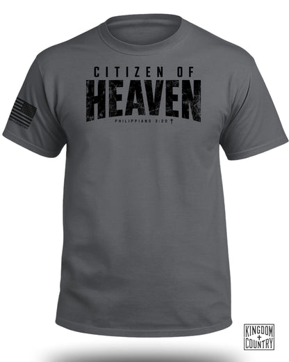 Gray t-shirt with "CITIZEN OF HEAVEN" and Philippians 3:20 text.