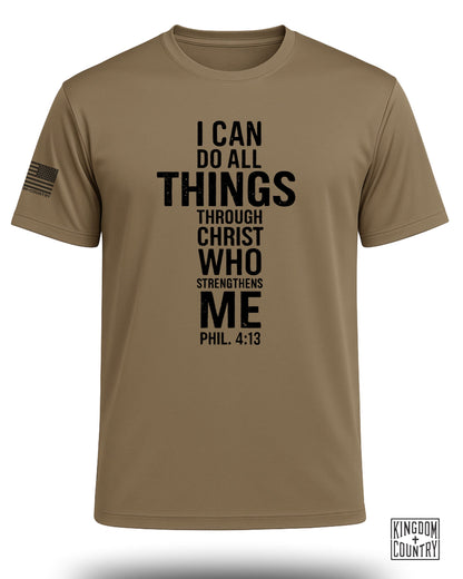Tan t-shirt with black text "I CAN DO ALL THINGS THROUGH CHRIST WHO STRENGTHENS ME" and "PHIL. 4:13".
