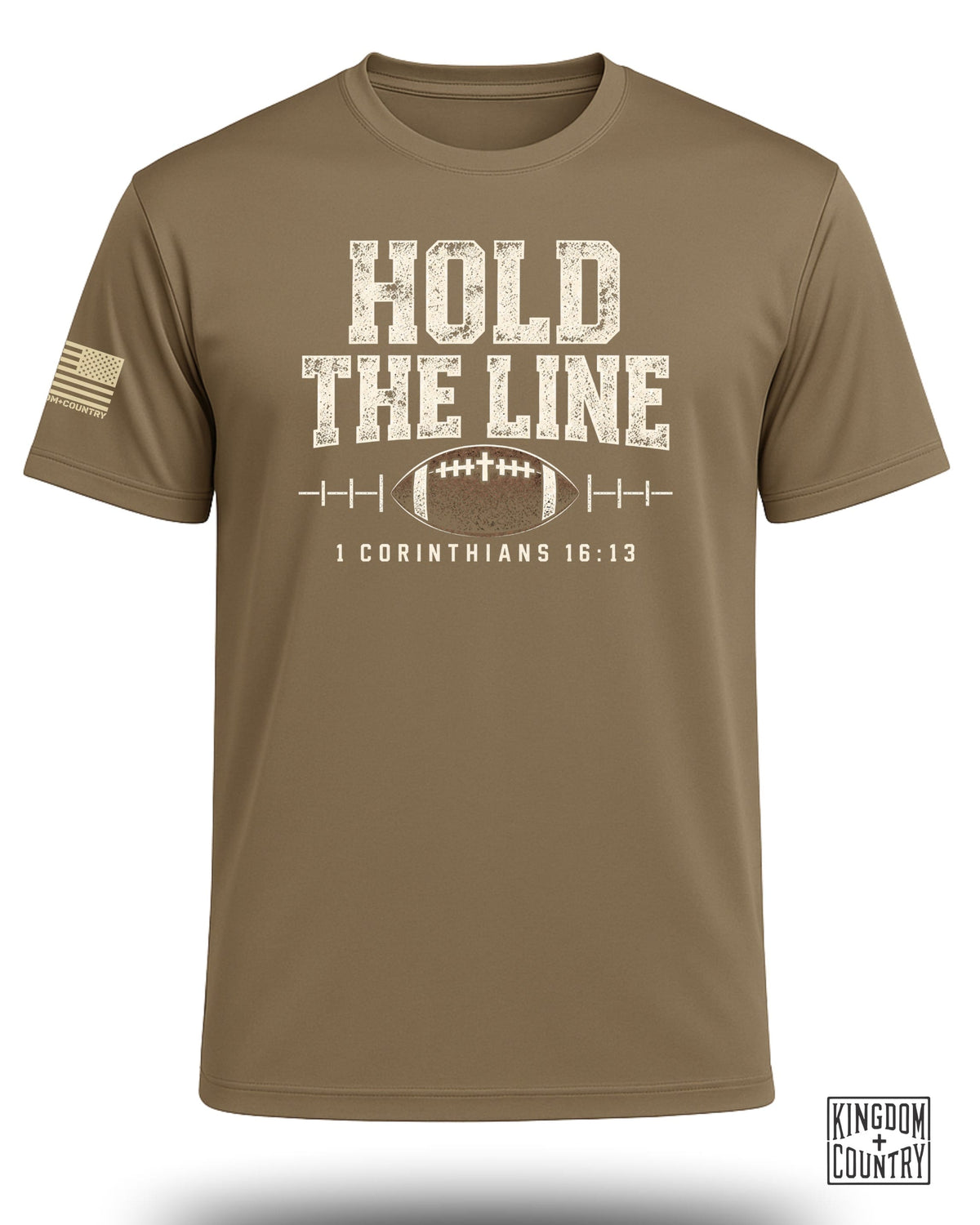 Brown t-shirt with "HOLD THE LINE" text, football graphic, and Bible verse.