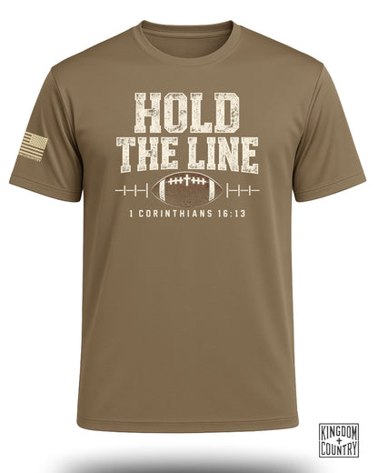 Brown t-shirt with "HOLD THE LINE" text, football graphic, and Bible verse.