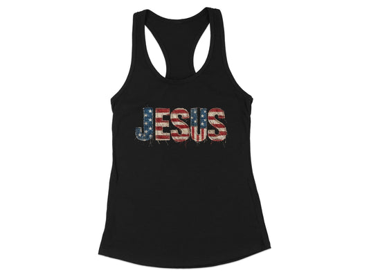 Black tank top with "JESUS" in distressed American flag lettering.