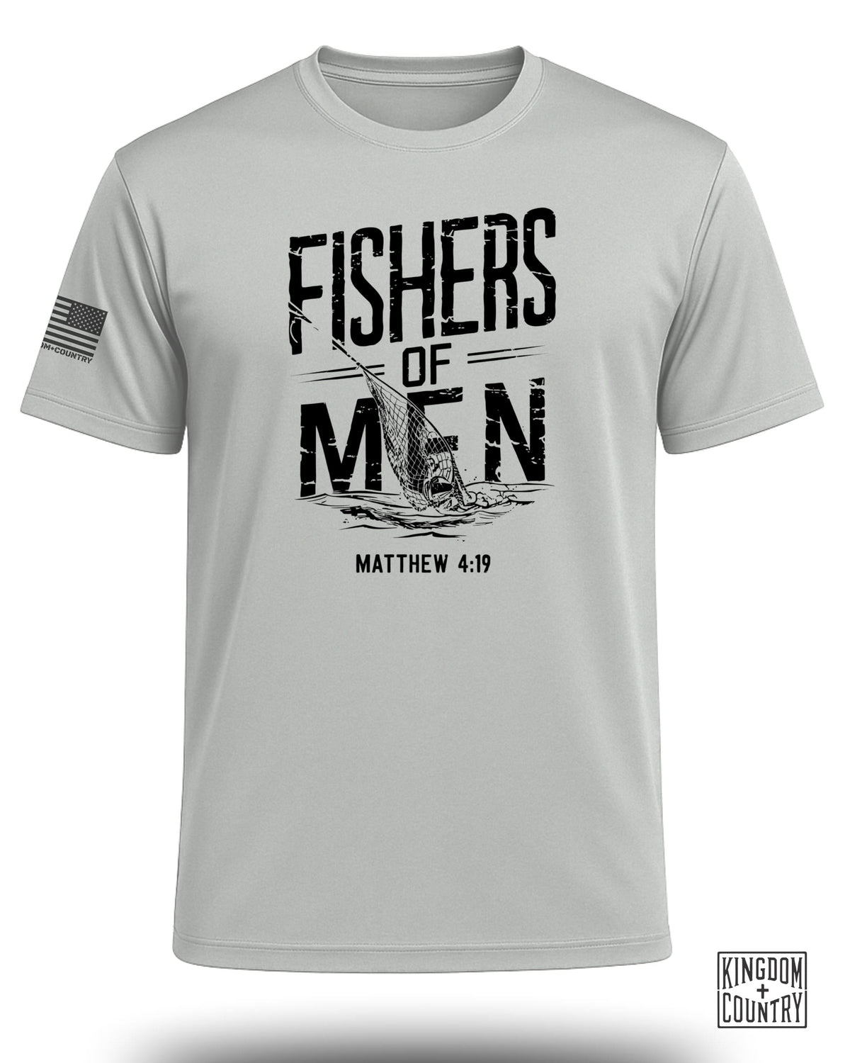 Light gray t-shirt with "Fishers of Men Matthew 4:19" graphic and American flag sleeve patch.