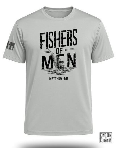 Light gray t-shirt with "Fishers of Men Matthew 4:19" graphic and American flag sleeve patch.