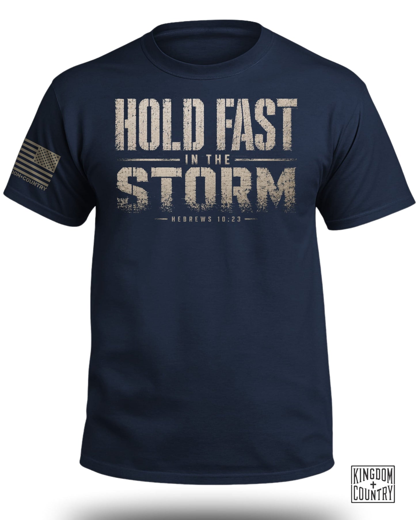 Navy t-shirt with "HOLD FAST IN THE STORM" and "HEBREWS 10:23" text.