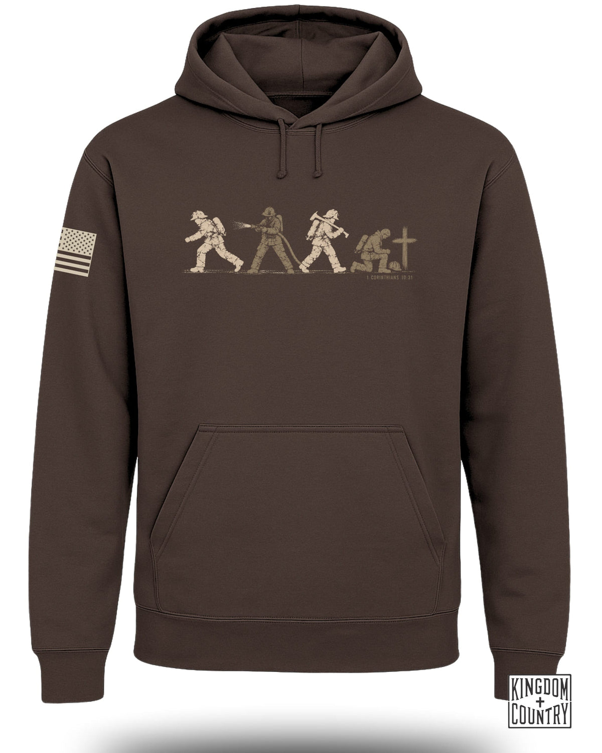 Brown hooded sweatshirt featuring a firefighter graphic on the chest and an American flag patch on the sleeve.