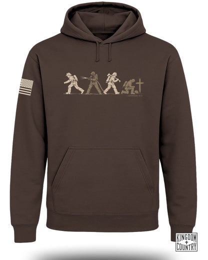 Brown hooded sweatshirt featuring a firefighter graphic on the chest and an American flag patch on the sleeve.