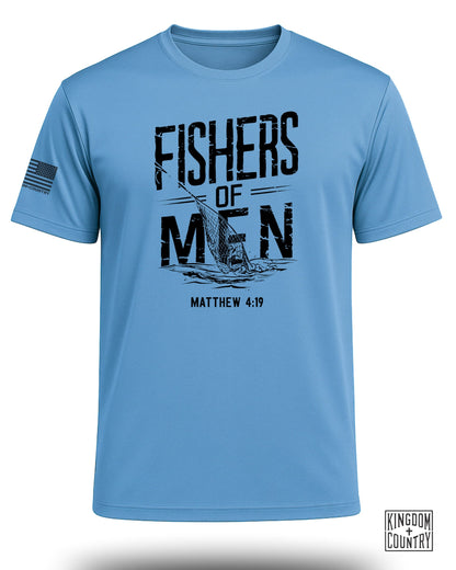 Light blue t-shirt with black "FISHERS OF MEN" graphic and Matthew 4:19.