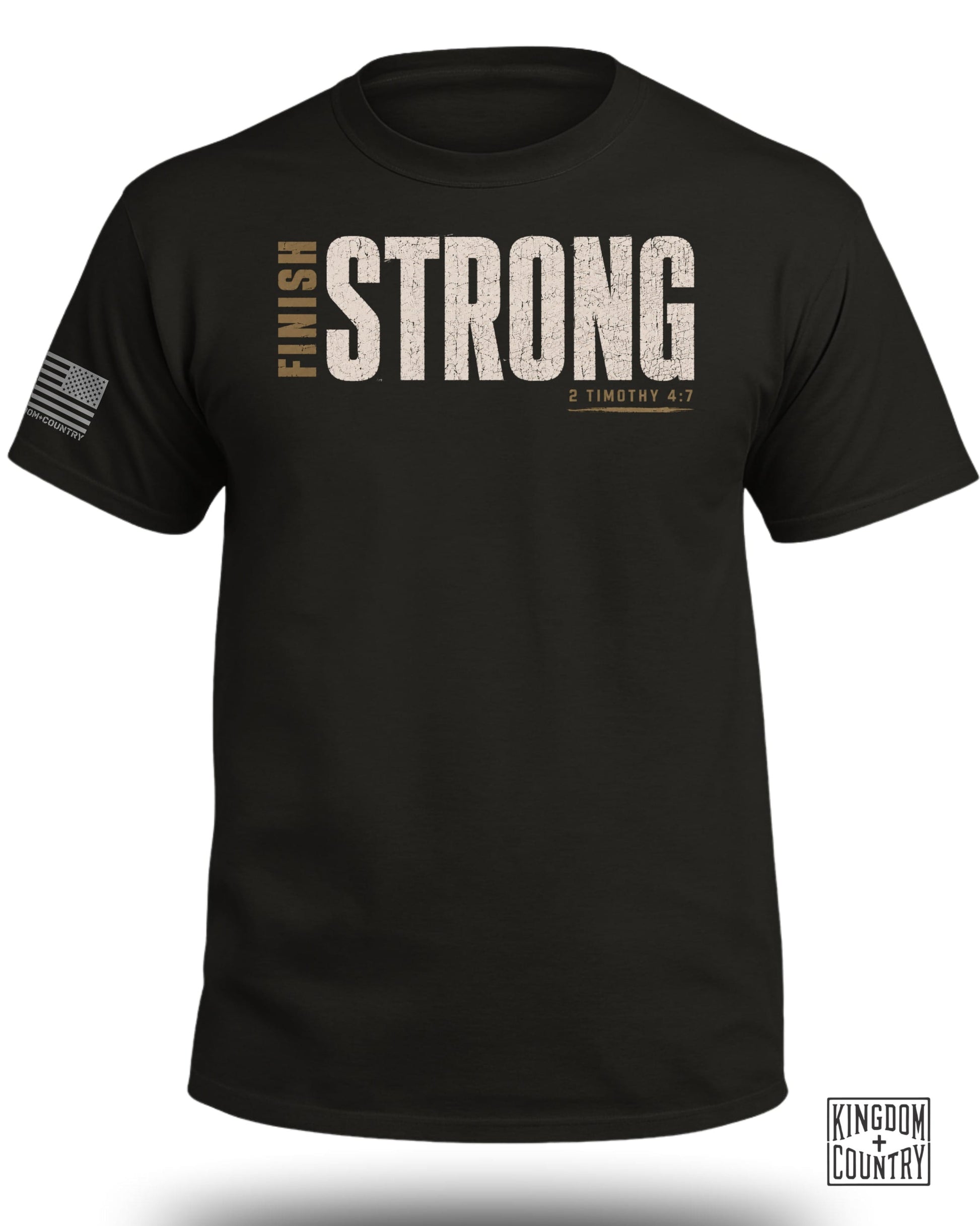 Black t-shirt with distressed "Finish Strong" text and "2 Timothy 4:7".