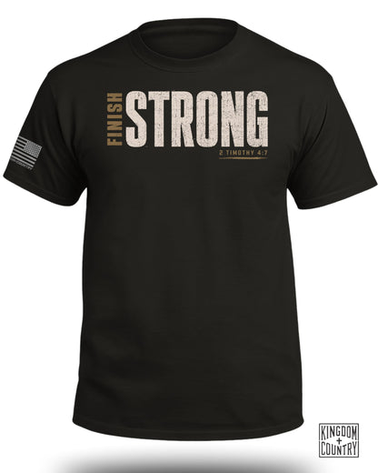 Black t-shirt with distressed "Finish Strong" text and "2 Timothy 4:7".