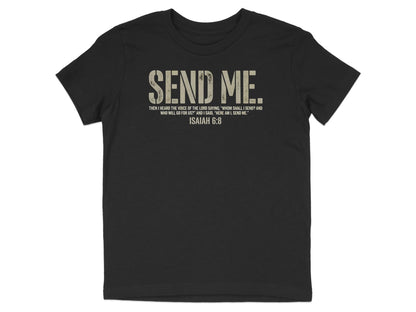 Black t-shirt with "SEND ME." text and Isaiah 6:8 quote.