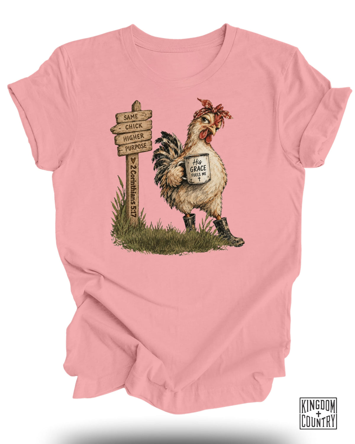 Chicken wearing boots holding a mug that says "His grace fuels me" near a sign.