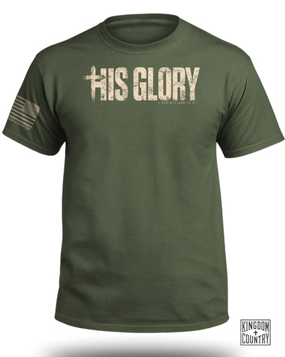 Olive green t-shirt with distressed "HIS GLORY" text, cross, and Bible verse.