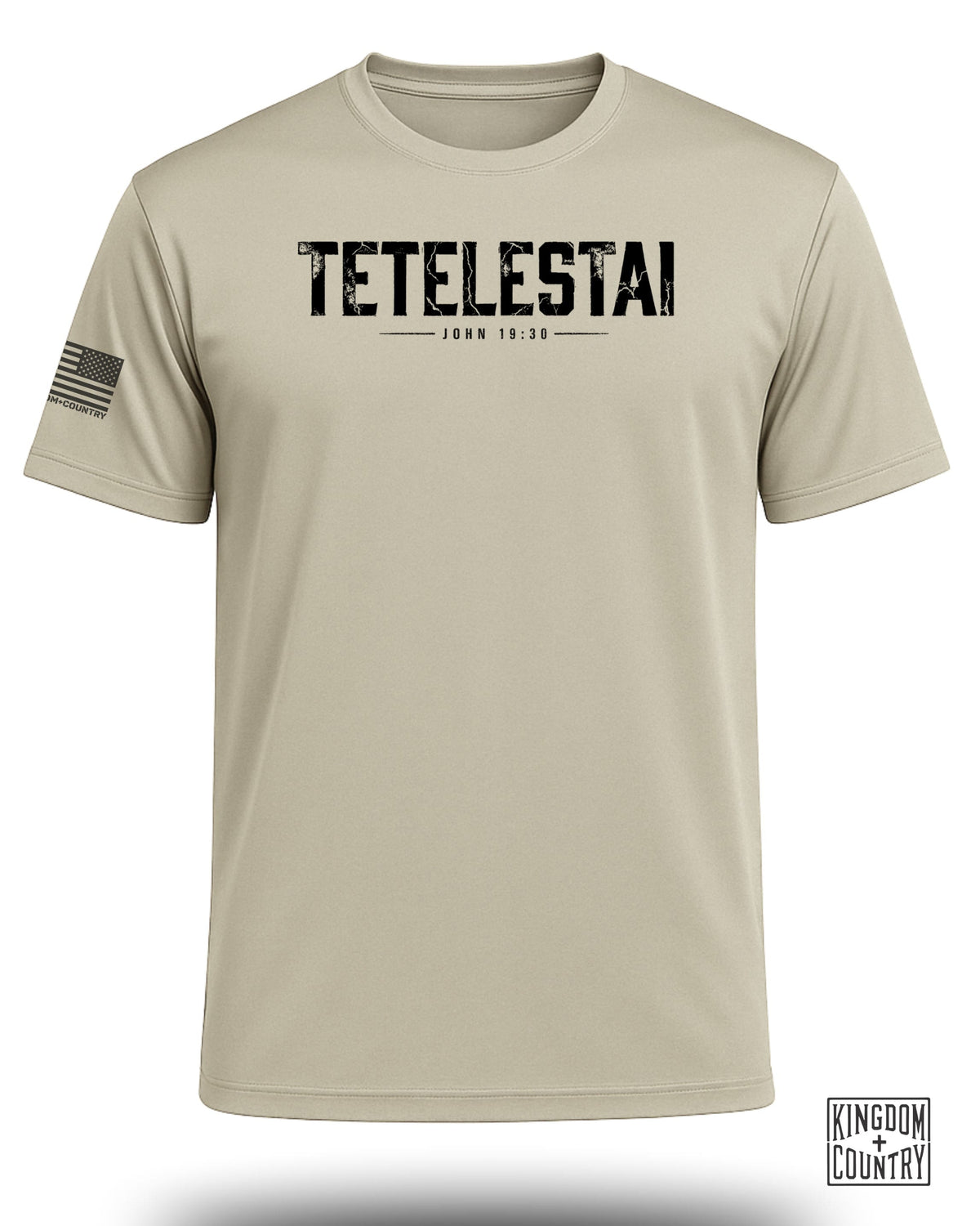 Tan t-shirt with "TETELESTAI JOHN 19:30" graphic and US flag.