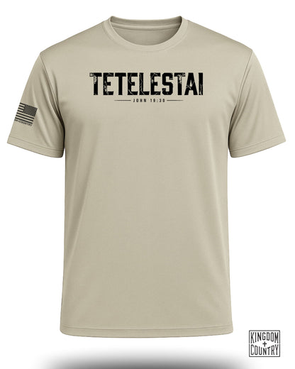 Tan t-shirt with "TETELESTAI JOHN 19:30" graphic and US flag.