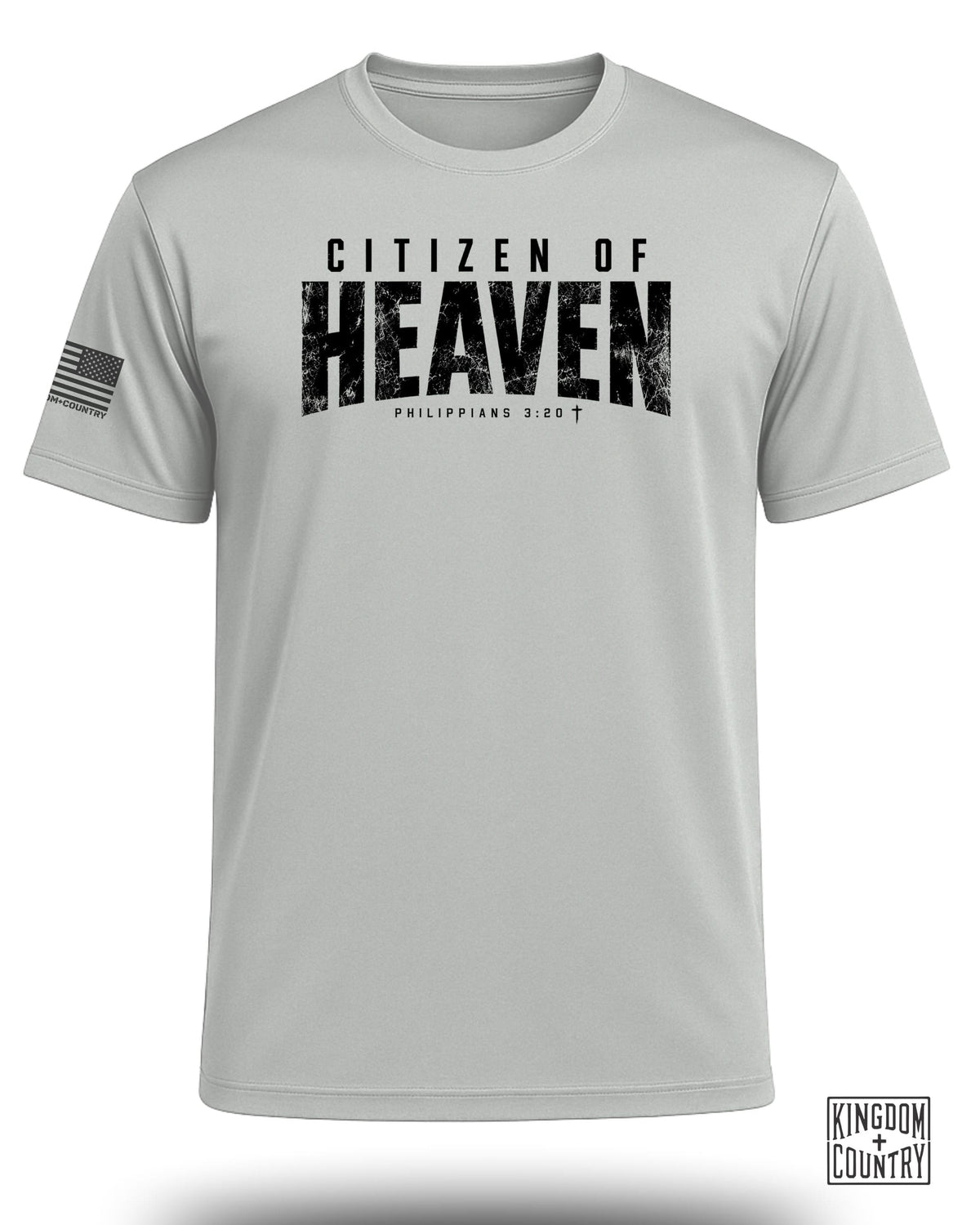 Light grey t-shirt with "Citizen of Heaven Philippians 3:20" text and an American flag patch.