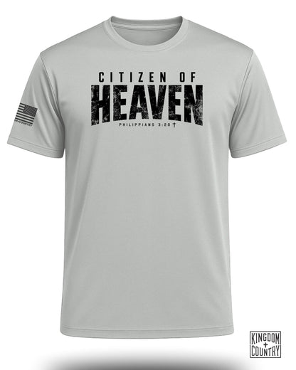 Light grey t-shirt with "Citizen of Heaven Philippians 3:20" text and an American flag patch.