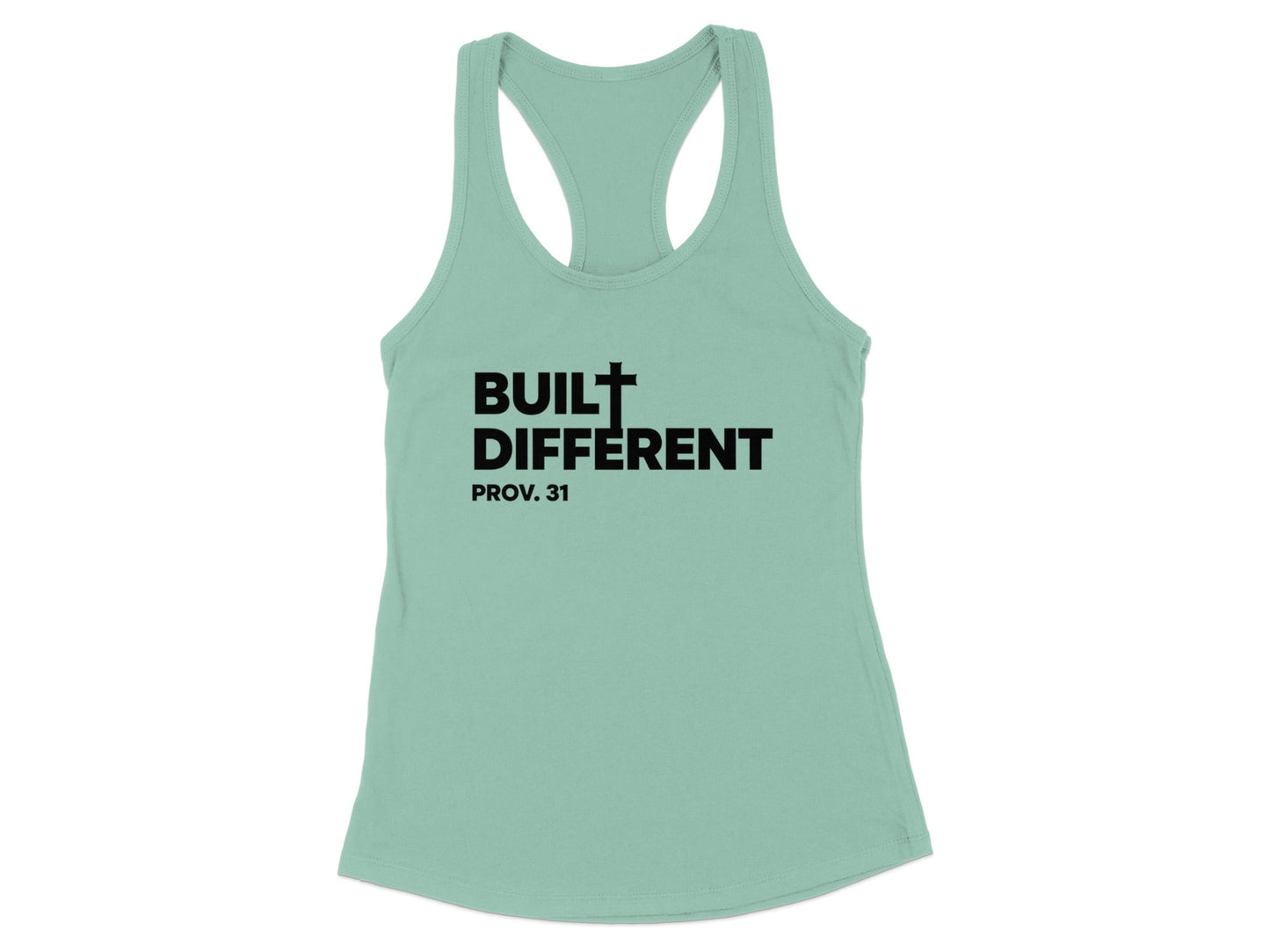 Mint green tank top with "BUILT DIFFERENT PROV. 31" in black text.
