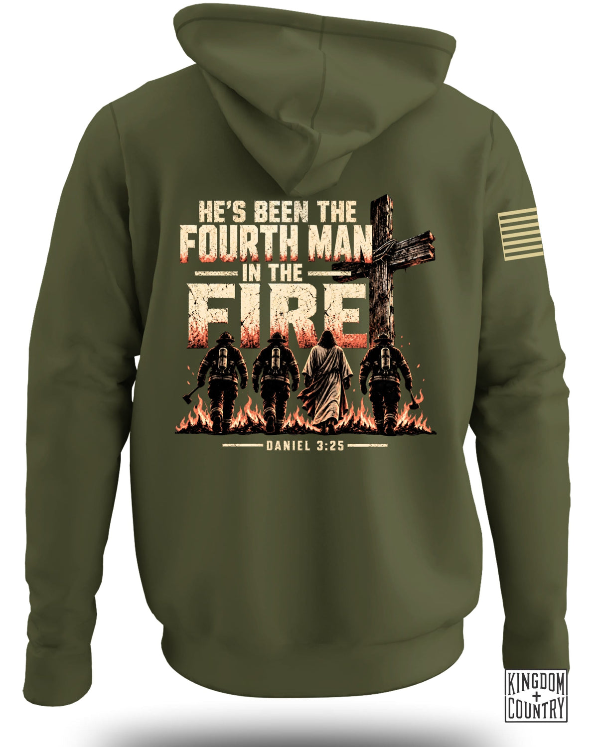 Green hoodie with "He's Been The Fourth Man In The Fire" and Daniel 3:25.