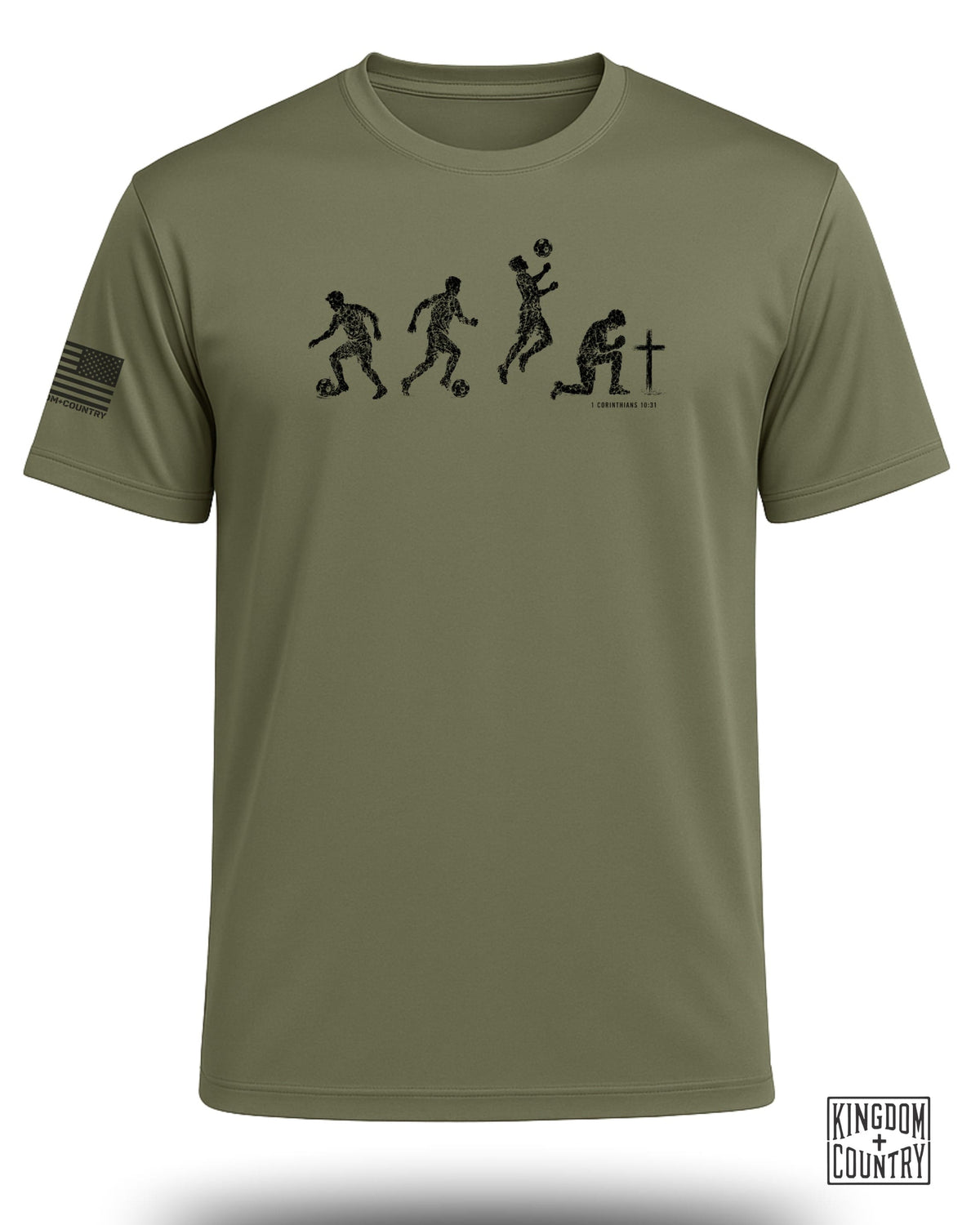 Olive green t-shirt with graphic of soccer player evolution and Bible verse.