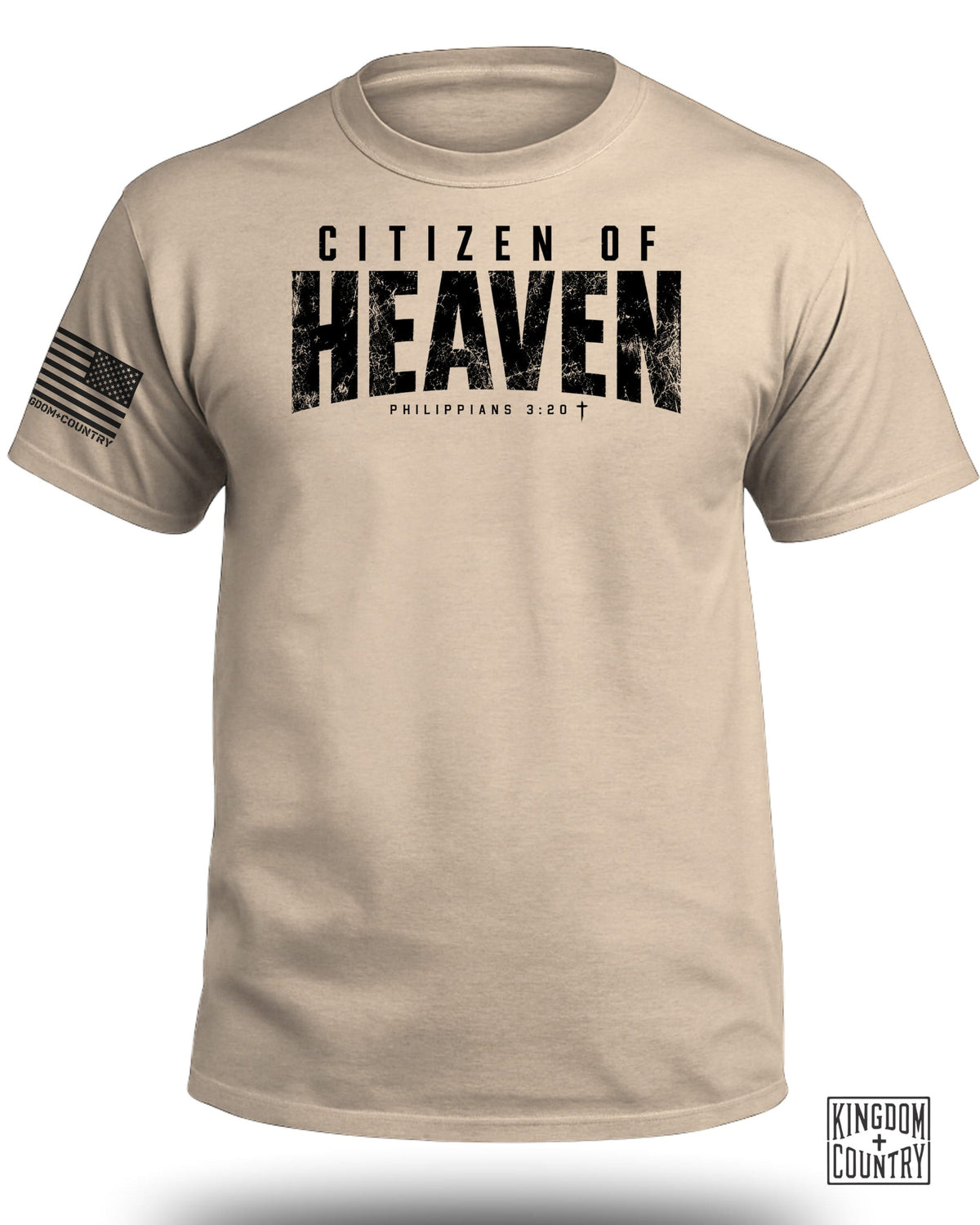 Tan t-shirt with "CITIZEN OF HEAVEN" and "PHILIPPIANS 3:20" text.