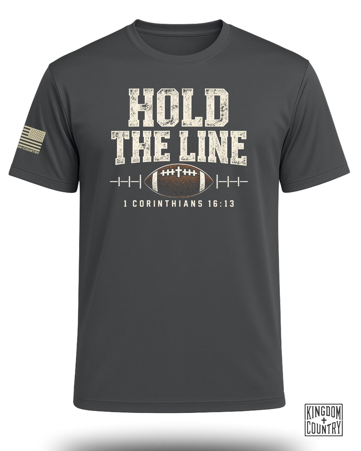 Dark grey t-shirt with "HOLD THE LINE" and a football graphic.