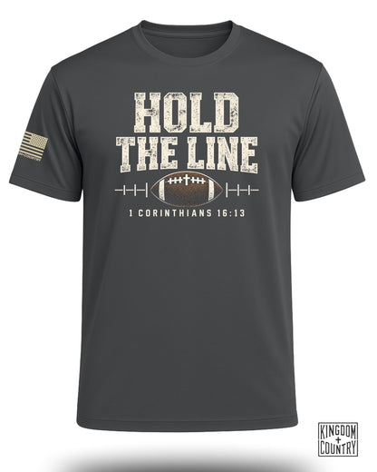 Dark grey t-shirt with "HOLD THE LINE" and a football graphic.