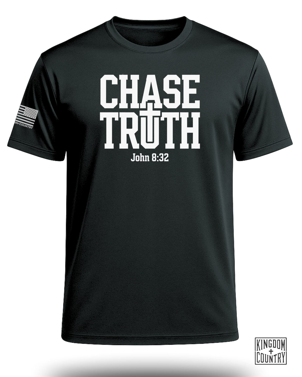 Black t-shirt with "CHASE TRUTH John 8:32" and American flag graphic.