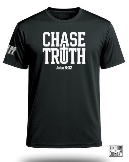 Black t-shirt with "CHASE TRUTH John 8:32" and American flag graphic.