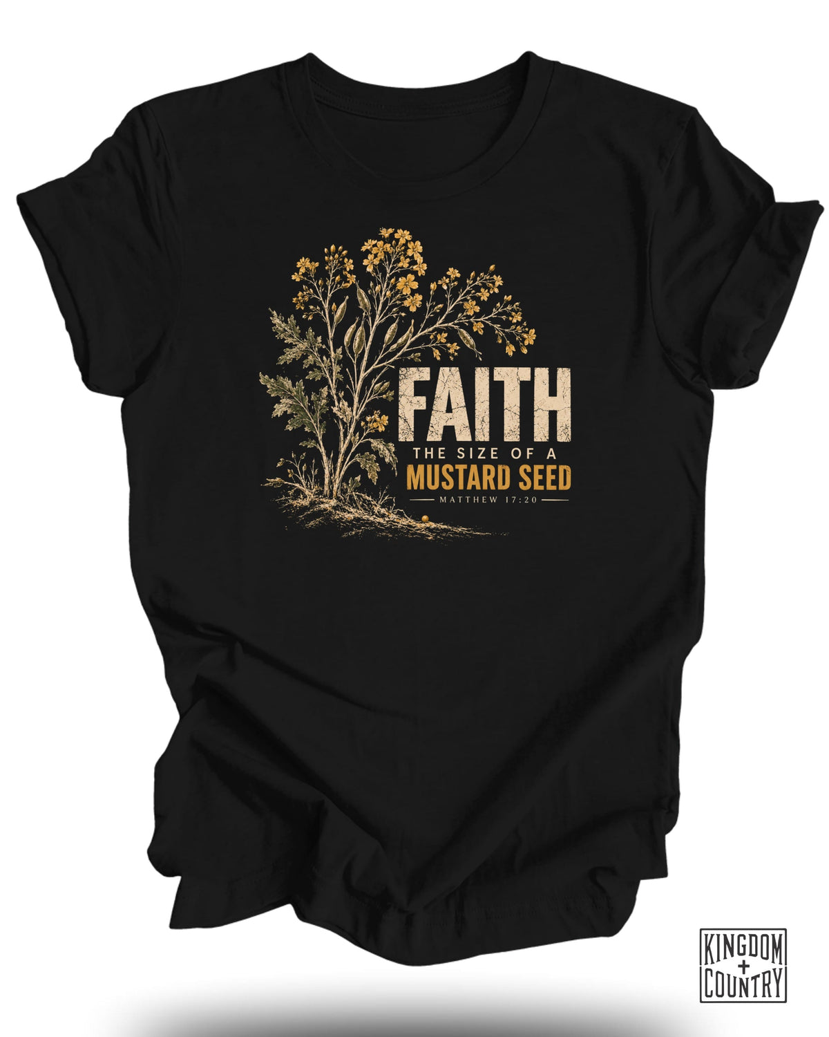 Black t-shirt with floral graphic and text "FAITH THE SIZE OF A MUSTARD SEED MATTHEW 17:20".