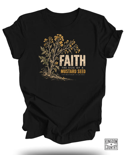 Black t-shirt with floral graphic and text "FAITH THE SIZE OF A MUSTARD SEED MATTHEW 17:20".
