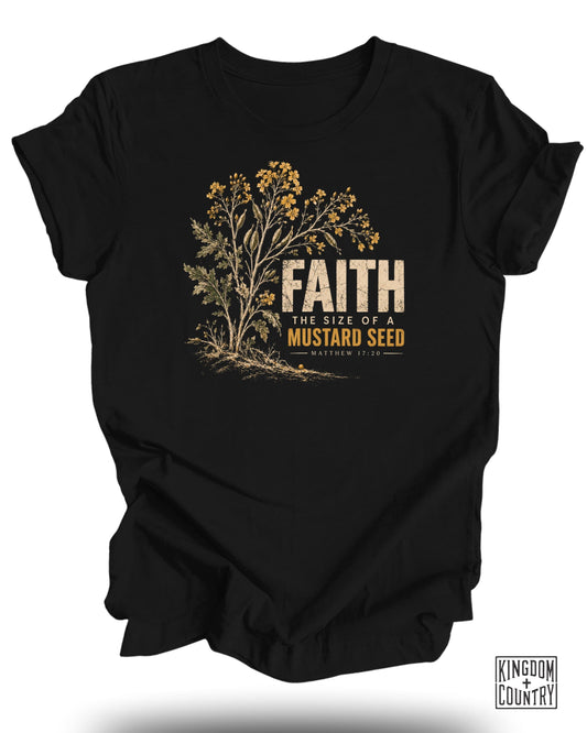 Black t-shirt with floral graphic and text "FAITH THE SIZE OF A MUSTARD SEED MATTHEW 17:20".