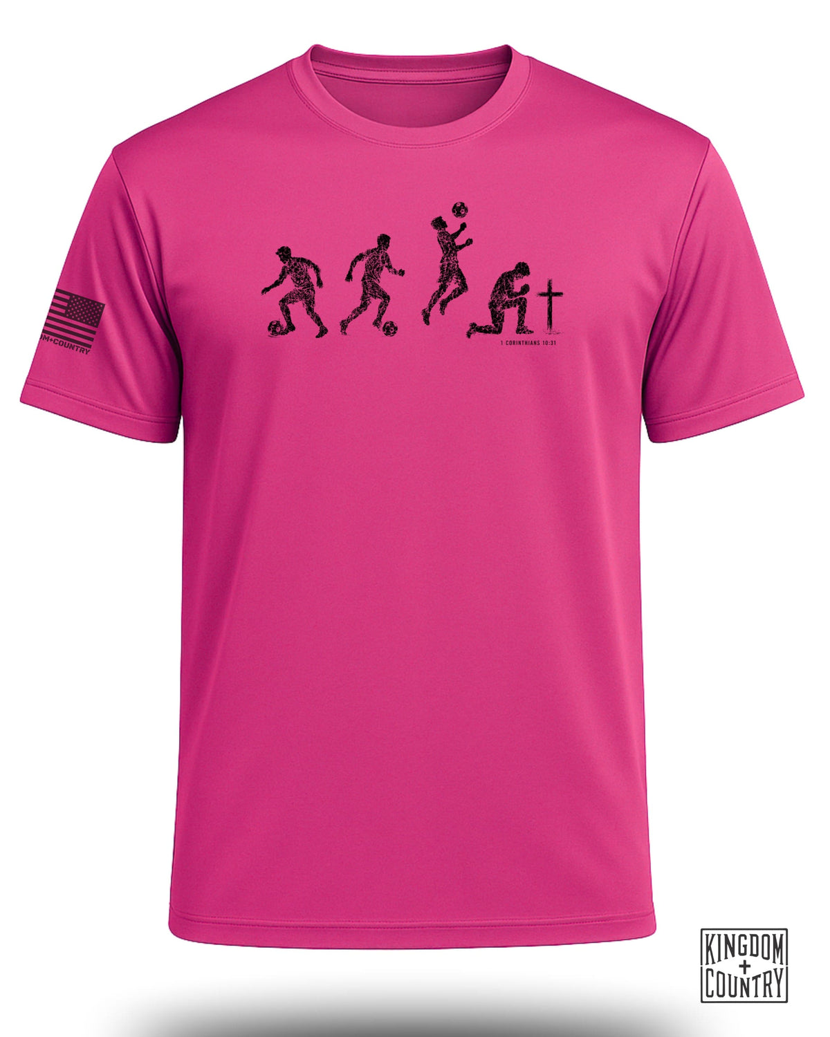 Pink t-shirt with black soccer evolution graphic and I Corinthians 10:31 text.