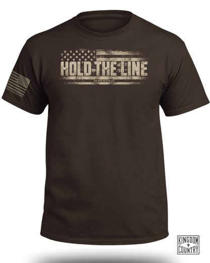 Brown t-shirt with distressed American flag graphic and "HOLD THE LINE" text.