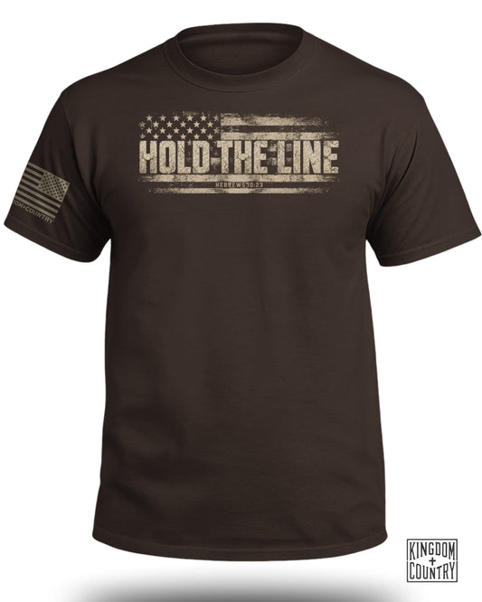 Brown t-shirt with distressed American flag graphic and "HOLD THE LINE" text.