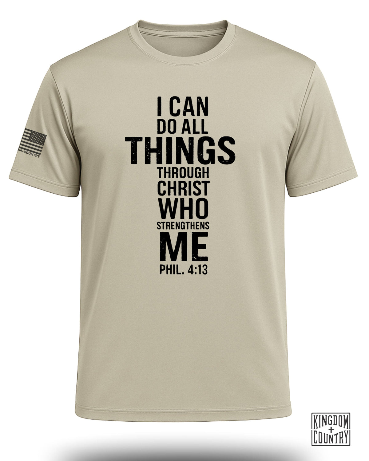 Khaki t-shirt with "I CAN DO ALL THINGS THROUGH CHRIST WHO STRENGTHENS ME PHIL. 4:13" graphic.