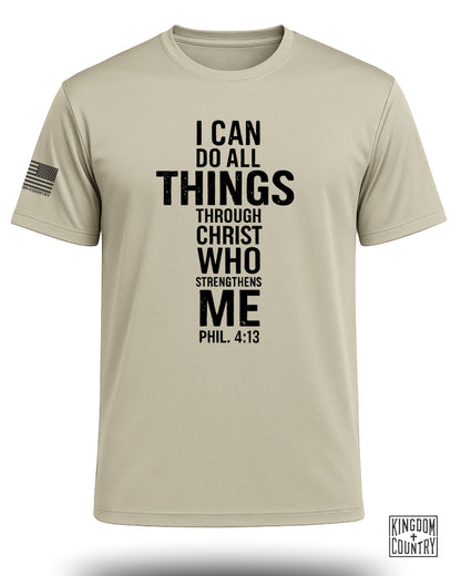 Khaki t-shirt with "I CAN DO ALL THINGS THROUGH CHRIST WHO STRENGTHENS ME PHIL. 4:13" graphic.